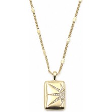 Sose Moda Dikdörtgen Plaka Güneş Motifli Zirkon Pirinç Kolye - Gold