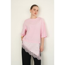 Very Moda Dantel ve Saten Detaylı Asimetrik Tişört | D2942