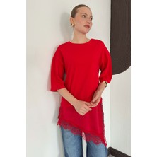 Very Moda Dantel ve Saten Detaylı Asimetrik Tişört | D2942