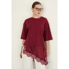 Very Moda Dantel ve Saten Detaylı Asimetrik Tişört | D2942
