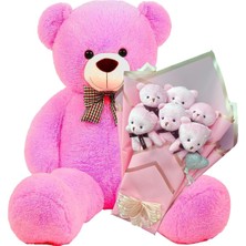 90 cm Peluş Ayı ile Pembe Konsept Romantik Peluş Ayıcık Buketi Fuşya