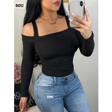 Uslucan Alışveriş Kadın Uzun Kollu Madonna Yaka Askılı Krop Kaşkorse Bluz