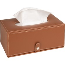 2k Premium Tasarım Vegan Deri Mendil ve Peçete Kutusu Maksi Boy Peçetelik Ofis Ev Hediyelik Masa Üstü Aksesuar 24X13X10 Cm. Taba