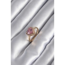 Lovesta Home Pirinç Gold Renk Pembe Zirkon Taş Kalp Charm Model Kadın Yüzük TJ-BYK2955