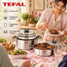 Tefal Optispace 8 Parça Paslanmaz Çelik Tencere Seti, Indüksiyon Uyumlu, 4 Cam Kapaklı, Iç Içe Geçen Tasarım, Ölçü Göstergeli, 3 Katmanlı Taban, Gümüş