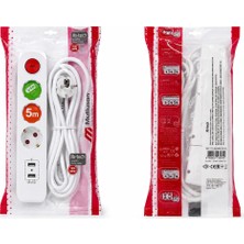 Mutlusan Ri-Tech 3'lü Topraklı Grup Priz 2 USB Girişli Anahtarlı 5 Metre Uzatma Kablosu Beyaz
