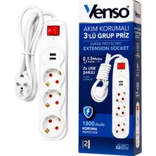 Venso Akım Korumalı 3'lü Grup Priz 1.5 Metre Kablolu 2 USB Şarjlı 1800 Joule Beyaz