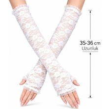 Pileli Store Uzun Zarif Dantel Eldiven Parmaksız Beyaz 35 cm