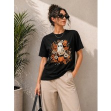 Milares Kadın Balkabağı Hayalet Baskılı Tişört Kısa Kol Yazlık T-Shirt - Siyah