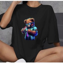 Milares Kadın Baskılı T-Shirt Kısa Kol Bisiklet Yaka Oversize Rahat Kalıp Günlük Tişört - Siyah