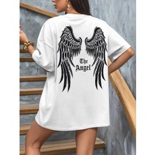 Milares Kadın Kısa Kol Tişört Bisiklet Yaka Angel Melek Kanadı Baskılı T-Shirt - Beyaz