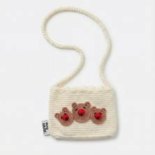 Rug Muse El Örgüsü Kız Çocuk Omuz Çantası - Teddy Trio - Üç Kutup Ayılı Vizon - Krem (Creamy Beige)