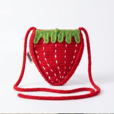 Rug Muse El Örgüsü Kız Çocuk Omuz Çantası - Berry Sweet - Çilek Formlu Örgü Çanta - Mercan (Coral)