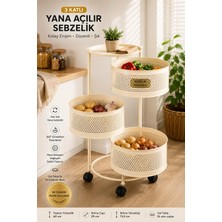 Makri Home 3 Katlı Tekerlekli Metal Patates Soğan Sepeti Sebzelik, Krem, Yana Açılır Sepetli, Üst Tablalı, 60 cm