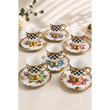 Makri Home 6 Kişilik 12 Parça Gold Detaylı Çiçek Desenli Kahve Fincan Takımı