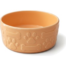 Earthenhome Porselen Kedi Köpek Mama Su Kabı Kabartma Pati Kemik Desenli Turuncu Büyük Boy 500 ml