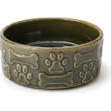 Earthenhome Porselen Kedi Köpek Mama Su Kabı Kabartma Pati Kemik Desenli Haki Yeşil Küçük Boy 200 ml