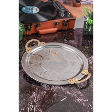 Dmt Copper Home 12 Adet 25 cm Krom Çelik Kahve Tepsisi – Pirinç Kulplu Nakışlı Desenli Dekoratif Servis Sunum Tepsisi