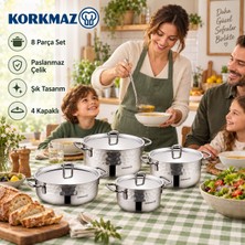 Korkmaz Erna 8 Parça Paslanmaz Çelik Tencere Seti, Dövme Desenli, 16-20-24 cm Ebatlı, Derin ve Basık Modeller, 4 Tencere ve 4 Çelik Kapak, Inoks Gümüş