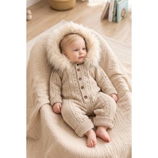 BabyMo Triko Örme Kürk Detaylı Welsoft Astarlı Kapüşonlu Kışlık Bebek Tulum