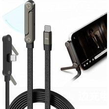 Örgülü Type-C To Type-C Şarj Kablosu - Katlanabilir Telefon Standlı - Hızlı Şarj Destekli -