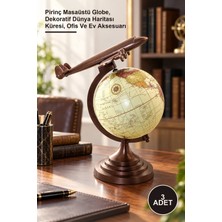 Yenilig 3 Adet Pirinç Uçak Figürlü Dünya Küre – Pirinç Masaüstü Globe, Dekoratif Dünya Haritası Küresi, Ofis ve Ev Aksesuarı