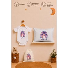 Pia Baby Isme Özel Erkek Bebek Hediyesi %100 Pamuk Organik Baskılı Body Yastık Kılıfı ve Ham Bez Kıyafet Kesesi