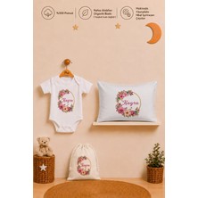 Pia Baby Isme Özel Kız Bebek Hediyesi %100 Pamuk Organik Baskılı Body Yastık Kılıfı ve Ham Bez Kıyafet Kesesi