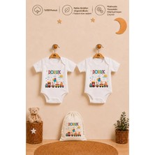 Pia Baby Isme Özel Erkek Bebek Hediye Seti 2'li %100 Pamuk Organik Baskılı Çıtçıtlı Body Zıbın ve Ham Bez Bebek Kıyafet Kesesi
