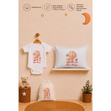 Pia Baby Isimli Kız Bebek Hediye Seti %100 Pamuk Organik Baskılı Body Yastık Kılıfı ve Ham Bez Bebek Kıyafet Kesesi