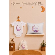 Pia Baby Isme Özel Kız Bebek Hediyesi %100 Pamuk Organik Baskılı Body Yastık Kılıfı ve Ham Bez Kıyafet Kesesi