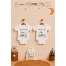 Pia Baby Erkek Bebek Isme Özel Hediye Seti 2'li %100 Pamuk Organik Baskılı Body Zıbın ve Ham Bez Kıyafet Kesesi