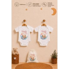 Pia Baby Isimli Kız Bebek Hediye Seti 2 Adet %100 Pamuk Organik Baskılı Çıtçıtlı Body Zıbın ve Ham Bez Kıyafet Kesesi