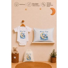 Pia Baby Isimli Erkek Bebek Hediye Seti %100 Pamuk Organik Baskılı Body Yastık Kılıfı ve Ham Bez Bebek Kıyafet Kesesi