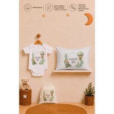 Pia Baby Isme Özel Erkek Bebek Hediyesi %100 Pamuk Organik Baskılı Body Yastık Kılıfı ve Ham Bez Kıyafet Kesesi