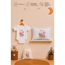 Pia Baby Isme Özel Kız Bebek Hediyesi %100 Pamuk Organik Baskılı Body Yastık Kılıfı ve Ham Bez Kıyafet Kesesi