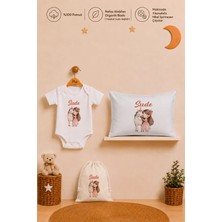 Pia Baby Isimli Kız Bebek Hediye Seti %100 Pamuk Organik Baskılı Body Yastık Kılıfı ve Ham Bez Bebek Kıyafet Kesesi