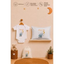 Pia Baby Isme Özel Yenidoğan Erkek Bebek Hediye Seti Organik Baskılı Pamuk Body Yastık Kılıfı ve Ham Bez Kıyafet Kesesi
