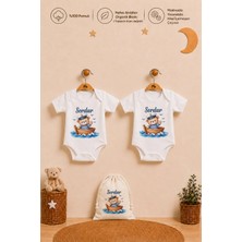 Pia Baby Erkek Bebek Isimli 2'li Body Zıbın Hediye Seti %100 Pamuk Organik Baskılı ve Ham Bez Kıyafet Kesesi