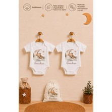 Pia Baby Isme Özel Kız Bebek Hediyesi 2'li %100 Pamuk Organik Baskılı Çıtçıtlı Body Zıbın ve Ham Bez Kıyafet Kesesi