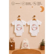 Pia Baby Kız Bebek Isme Özel Hediye Seti 2'li %100 Pamuk Organik Baskılı Body Zıbın ve Ham Bez Kıyafet Kesesi