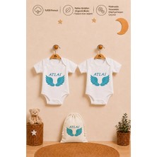 Pia Baby Isme Özel Erkek Bebek Hediye Seti 2'li %100 Pamuk Organik Baskılı Çıtçıtlı Body Zıbın ve Ham Bez Bebek Kıyafet Kesesi