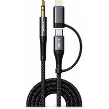 Xkin XK-AUX118 2'si 1 Arada Aux Kablo 3.5mm Ses Kablosu 120CM Örgülü Usb-C Kablo