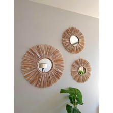 Korfam Home Design Beyaz & Krem El Yapımı Dekoratif Bohem Ahşap Boncuklu Gerçek Aynalı 3'lü Doğal Rafya Duvar Süsü