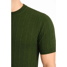 Venera Butik Erkek Yazlık Fitilli Triko Tişört Kısa Kol Bisiklet Yaka T-Shirt - Haki