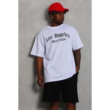 Venera Butik Unisex Oversize Baskılı Bisiklet Yaka T-Shirt - Beyaz
