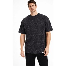 Venera Butik Erkek Asit Yıkama Bisiklet Yaka Kısa Kollu Oversize T-Shirt Tişört - Siyah