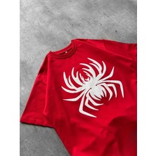 Venera Butik Erkek Örümcek Baskılı Tişört Kısa Kollu Bisiklet Yaka T-Shirt - Kırmızı