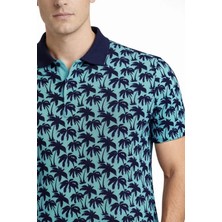 Asyahsap Erkek Pike Kumaş Polo Yaka Palmiye Desenli Tişört Kısa Kol Yazlık T-Shirt - Turkuaz
