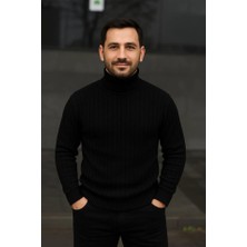 Deluxe Takı ve Giyim Erkek Fitilli Triko Kazak 2li Set Gri Siyah Regular Balıkcı Yaka Tam Boğazlı Triko Seti Modeli Kazak